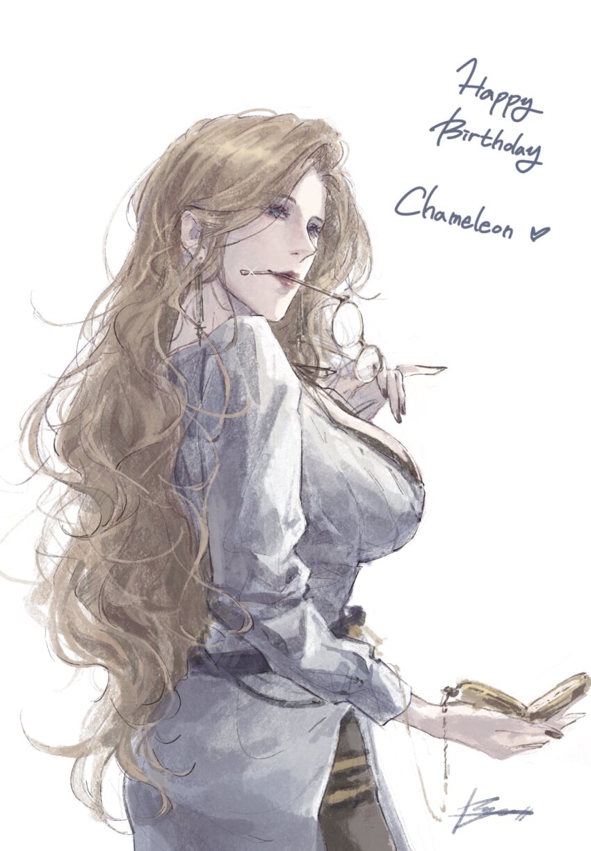 1girl, breasts, chameleon_(path_to_nowhere), choryu_desu, commentary_request, cowboy_shot, eyewear_in_mouth, from_behind