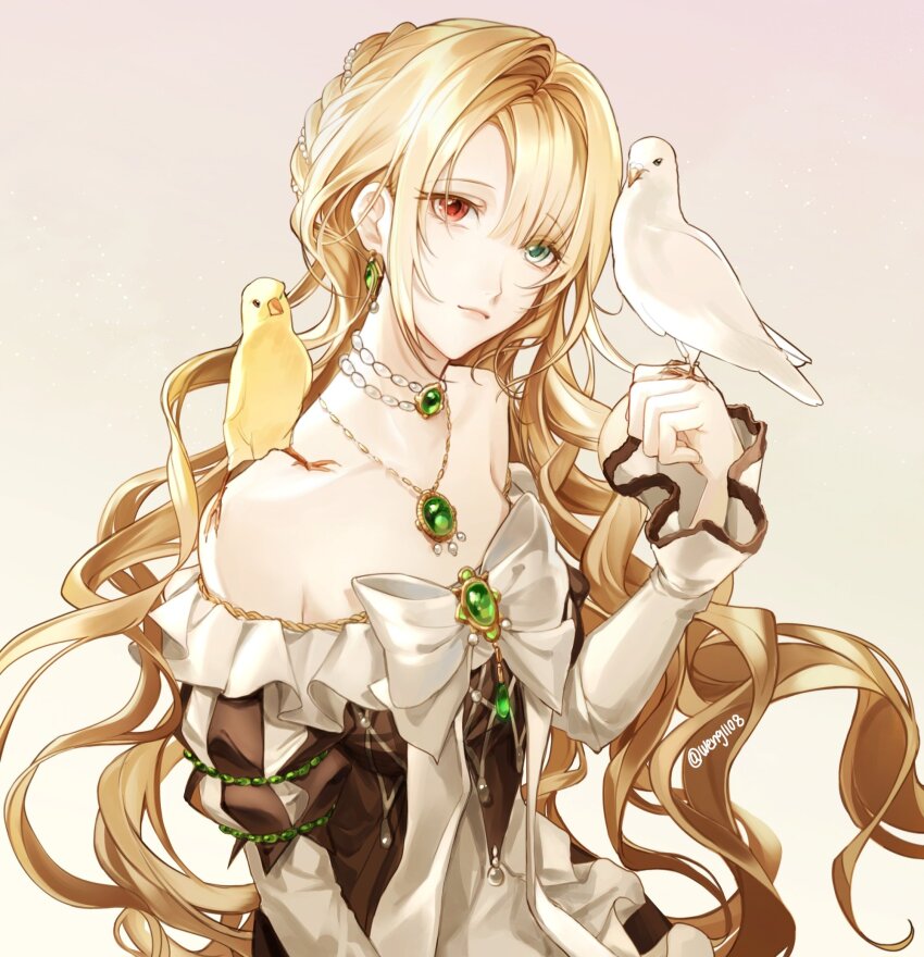 1girl, animal, animal_on_shoulder, bare_shoulders, bird, bird_on_hand, bird_on_shoulder, blonde_hair