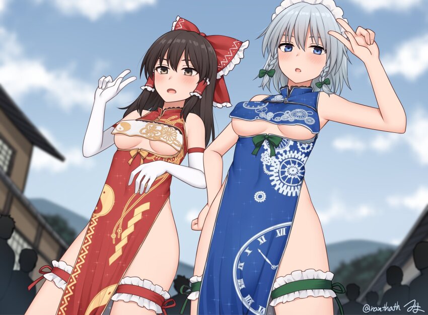 2girls, alternate_costume, blue_dress, blue_eyes, blue_sky, blush, bow, braid, breasts, brown_eyes, brown_hair, clock_print, clothing_cutout, cloud, commentary_request, day, dress, elbow_gloves, frilled_bow, frilled_hair_tubes, frilled_thigh_strap, frills, gears_print, gloves, green_bow, grey_hair, hair_bow, hair_tubes, hakurei_reimu, highres, izayoi_sakuya, long_hair, maid_headdress, medium_breasts, miyo_(ranthath), multiple_girls, outdoors, pelvic_curtain, people, print_dress, red_bow, red_dress, side_slit, signature, sky, thigh_strap, touhou, twin_braids, twitter_username, underboob, underboob_cutout, v, white_gloves, yin_yang, yin_yang_print