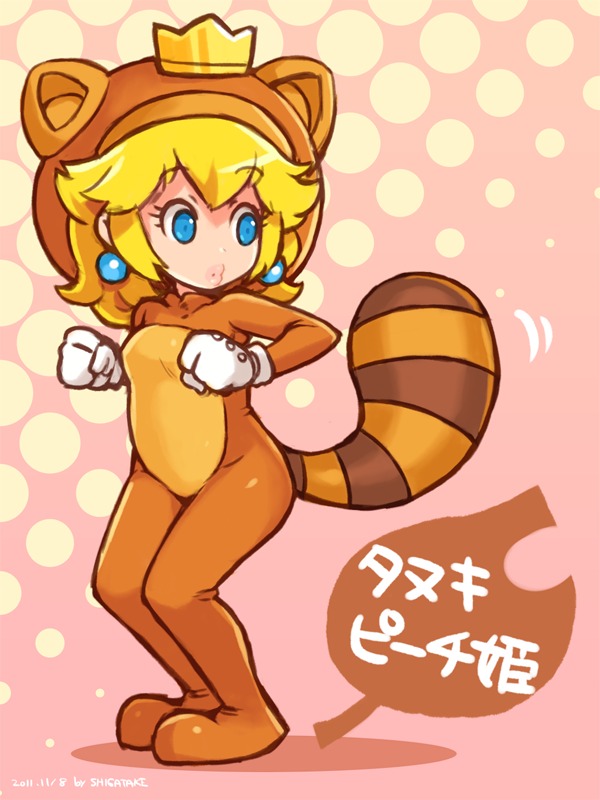 1girl, alternate_costume, animal_costume, animal_ears, autumn_leaves, blonde_hair, blue_eyes, crown, dated, female_focus, gloves, halftone, leaf, lips, mario_(series), nintendo, princess, princess_peach, raccoon_ears, raccoon_tail, shigatake, solo, striped_tail, super_mario_3d_world, tail, tanooki_peach, tanuki, tanuki_peach, tanuki_suit