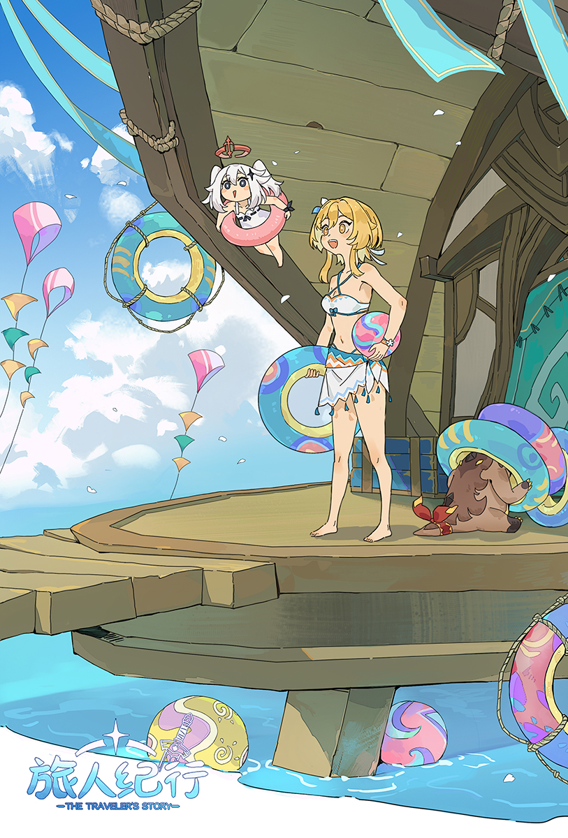 2girls, ball, barefoot, beachball, bikini, blonde_hair, blue_sky, breasts