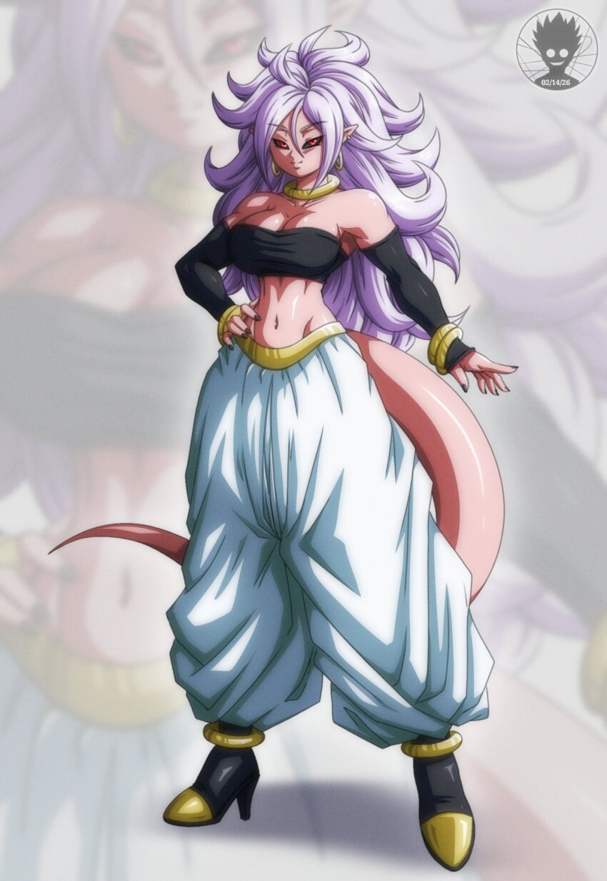 1girl, android_21, bandeau, bare_shoulders, black_sclera, bracelet, breasts, cleavage, colored_sclera, colored_skin, detached_sleeves, dragon_ball, dragon_ball_fighterz, earrings, female_focus, full_body, hand_on_own_hip, harem_pants, high_heels, highres, hoop_earrings, jewelry, large_breasts, long_hair, looking_at_viewer, majin_android_21, nail_polish, navel, pants, pink_skin, pointy_ears, red_eyes, solo, suture_art, tail, white_hair