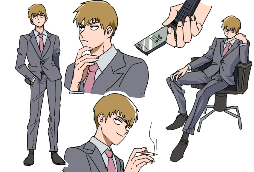 1boy, bithmath, black_eyes, blonde_hair, cellphone, chair, cigarette, collared_shirt