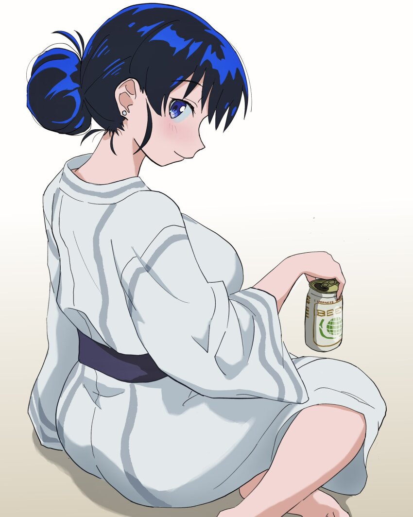 1girl, arato_nagi, ass, barefoot, beer_can, blue_eyes, blue_hair, blush, breasts, can, closed_mouth, commentary_request, drink_can, earrings, from_side, gradient_background, grey_kimono, hair_bun, highres, holding, holding_can, japanese_clothes, jewelry, kimono, large_breasts, looking_at_viewer, masasim, profile, ruri_no_houseki, sitting, smile, solo, stud_earrings