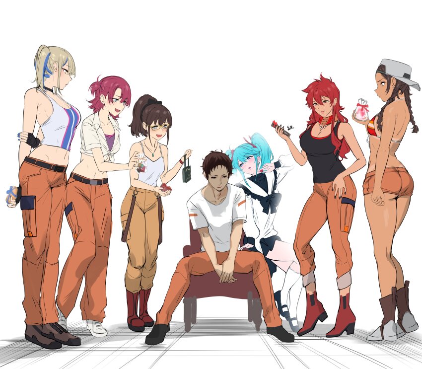 1boy, 5girls, absurdres, agetama, backwards_hat, blonde_hair, blue_hair, boots, box, box_of_chocolates, braid, brown_hair, chair, char's_counterattack, character_request, commentary_request, dark-skinned_female, dark_skin, emerelda_zubin, gundam, gundam:_hathaway's_flash, hala_morley, hat, hathaway_noa, high_ponytail, highres, jewelry, julia_suga, mihessia_hence, multicolored_hair, multiple_girls, necklace, orange_pants, pants, piper_perri_surrounded_(meme), ponytail, quess_paraya, red_hair, sitting, smile, twin_braids, twintails, two-tone_hair, valentine, vest, white_vest