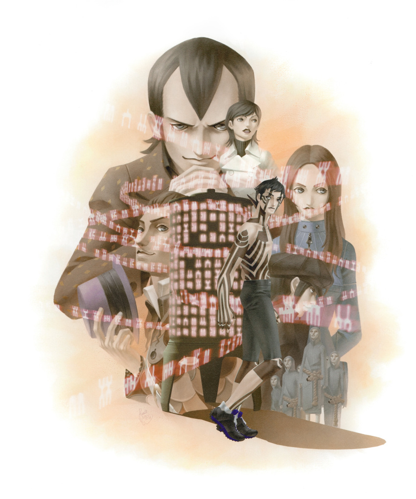 >:), 2girls, 4boys, 4others, absurdres, black_hair, black_hat, black_shoes, black_shorts, brown_hair, coat, demi-fiend, evil_smile, from_side, full-body_tattoo, grey_robe, hat, highres, hijiri_jyouji, hikawa_(megami_tensei), holding, holding_unworn_clothes, holding_unworn_hat, horns, kazuma_kaneko, long_hair, looking_at_viewer, looking_to_the_side, manikin_(megami_tensei), multiple_boys, multiple_girls, multiple_others, newsboy_cap, nitta_isamu, official_art, orange_background, own_hands_clasped, own_hands_together, peacoat, robe, rope_belt, shin_megami_tensei, shin_megami_tensei_iii:_nocturne, shiraishi_megumi_(colorist), shoes, short_hair, shorts, single_horn, smile, sneakers, tachibana_chiaki_(megami_tensei), takao_yuko, tattoo, third-party_source, topless_male, turtleneck, two-tone_background, unworn_hat, unworn_headwear, v-shaped_eyebrows, white_background, white_coat