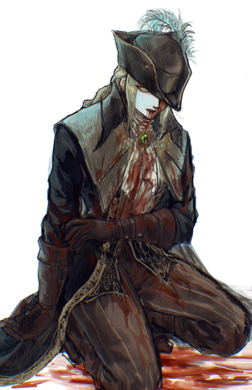 1girl, absurdres, ascot, blonde_hair, blood, blood_from_mouth, blood_on_clothes, blood_stain, bloodborne, full_body, gloves, green_eyes, hat, hat_feather, hat_over_one_eye, highres, kneeling, lady_maria_of_the_astral_clocktower, looking_at_viewer, low_ponytail, pale_skin, parted_lips, ponytail, rens0o, sidelocks, solo, tricorne, white_ascot, white_background
