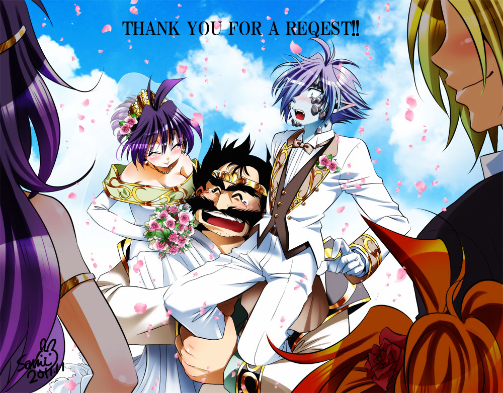 3boys, 3girls, ^_^, amelia_wil_tesla_seyruun, bare_shoulders, black_facial_hair, blonde_hair, blue_skin, bouquet, breasts, carrying, closed_eyes, colored_skin, dress, facial_hair, flower, formal_clothes, gourry_gabriev, head_out_of_frame, lina_inverse, long_hair, multiple_boys, multiple_girls, mustache, naga_the_serpent, orange_hair, pants, philionel_el_di_seyruun, pink_flower, pink_rose, pointy_ears, purple_hair, red_flower, red_rose, rose, sami_(pink_princess), short_hair, sitting, sitting_on_shoulder, slayers, suit, wedding, wedding_dress, zelgadiss_graywords