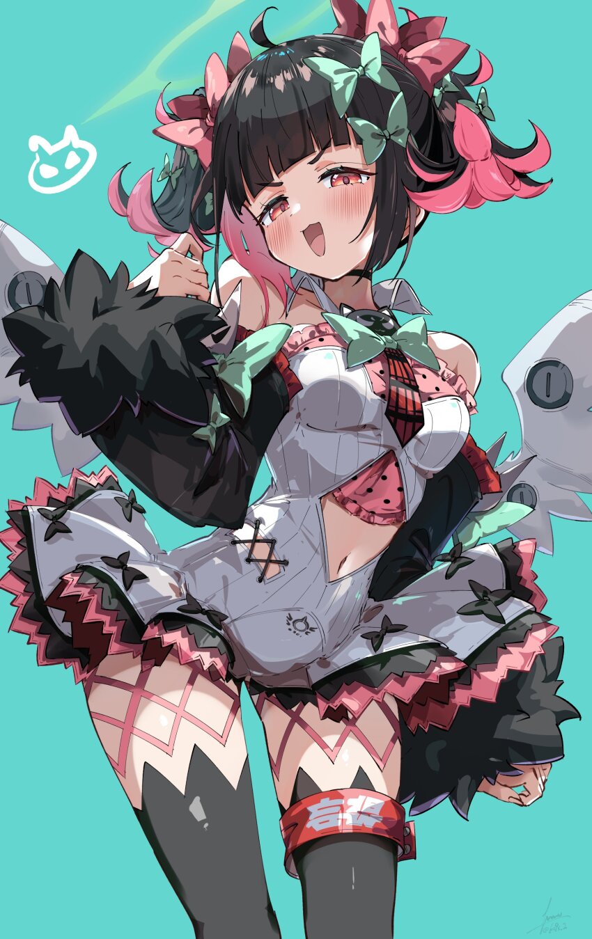 1girl, absurdres, bare_shoulders, black_choker, black_hair, black_thighhighs, bow, breasts