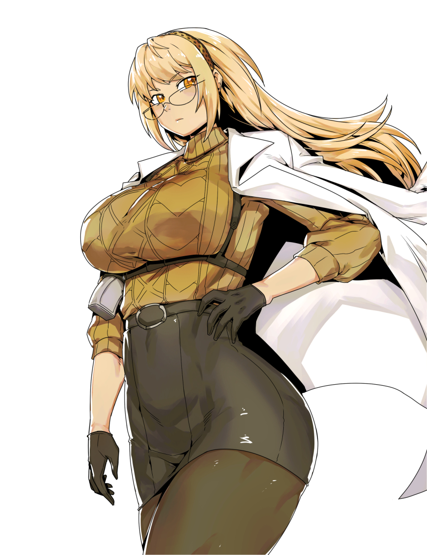 1girl, absurdres, black_gloves, black_skirt, blonde_hair, breasts, brown_sweater, chest_harness