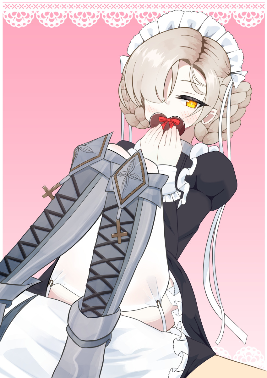 1girl, absurdres, apron, armored_boots, azur_lane, black_dress, blonde_hair, blush