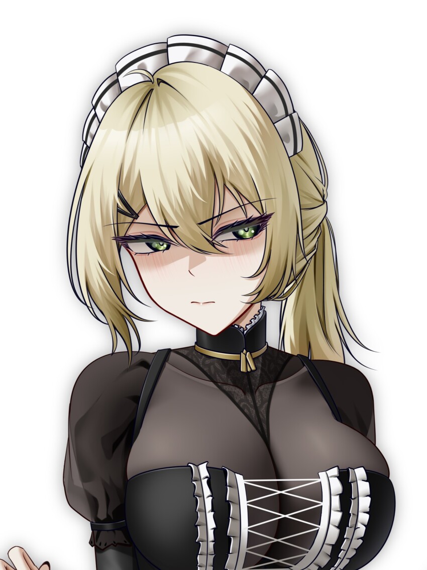 1girl, alter_kamerade, black_dress, blonde_hair, breasts, commentary_request, cross-laced_clothes, cross-laced_dress