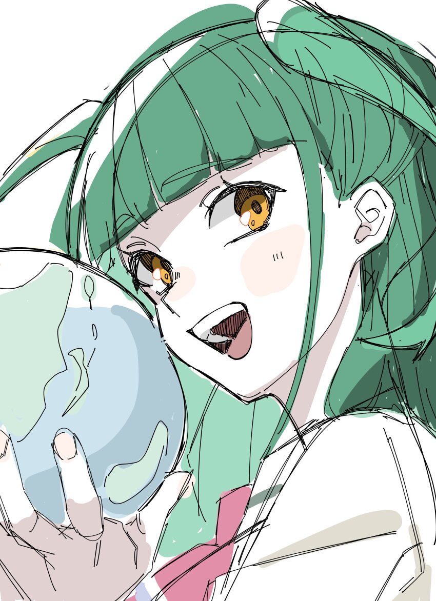 1girl, :d, absurdres, blunt_bangs, commentary_request, green_hair, highres, holding_globe