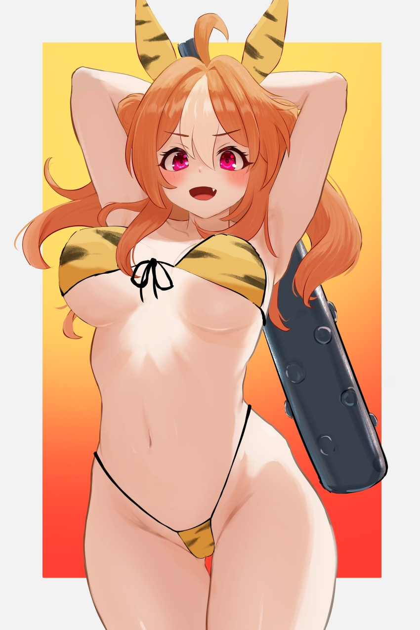 1girl, absurdres, ahoge, animal_ears, armpits, arms_behind_head, arms_up, bikini