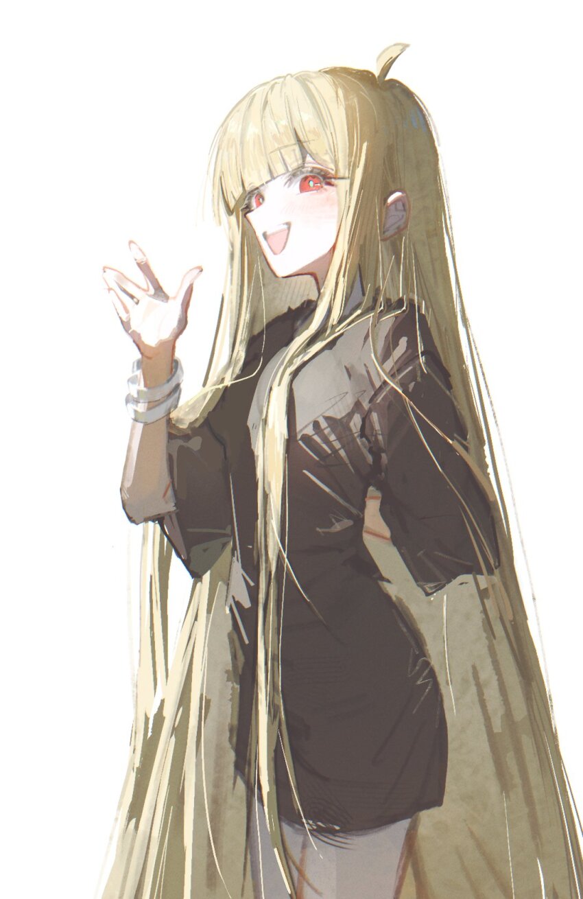 1girl, :d, ahoge, arm_behind_back, blonde_hair, blunt_bangs, bracelet, cho_kaguya-hime!