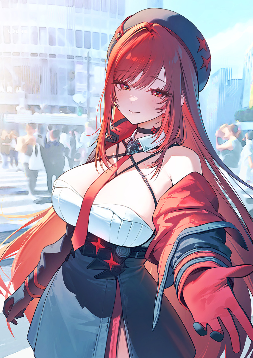 1girl, bare_shoulders, beret, black_choker, black_hat, black_skirt, blurry, blurry_background