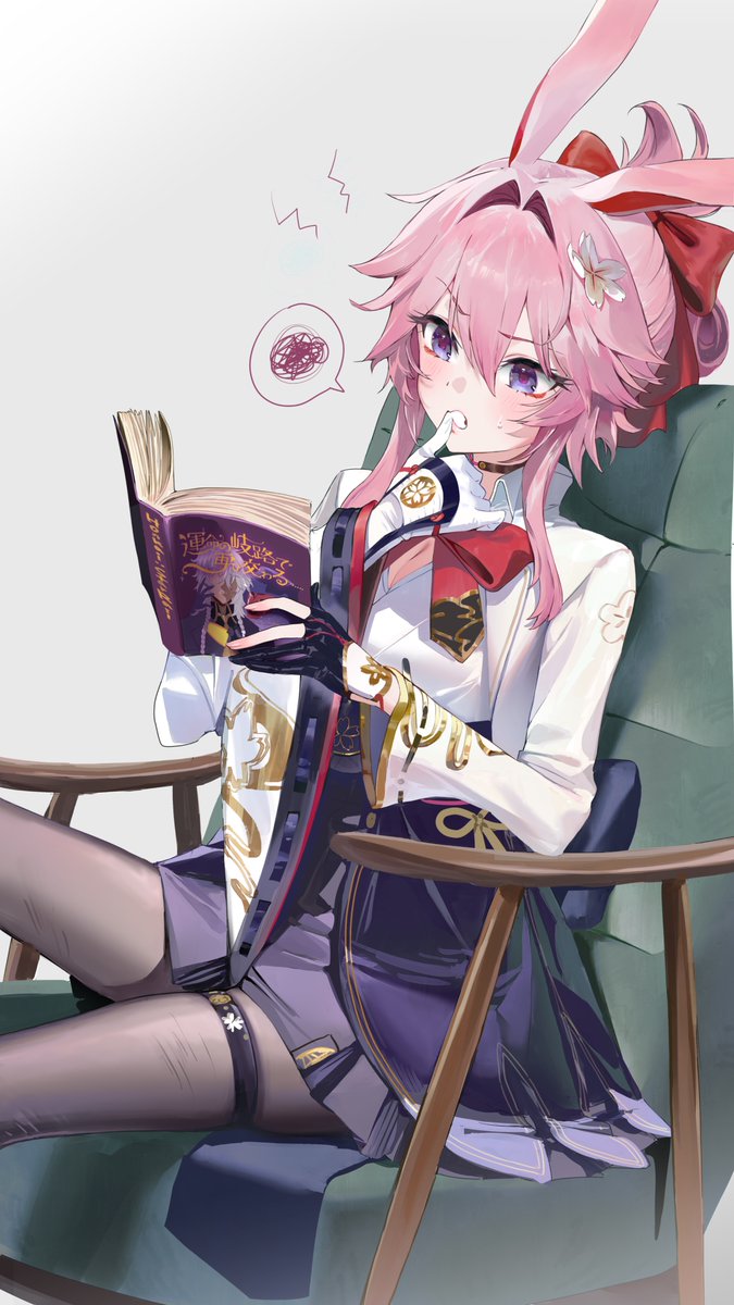 1girl, aha_(honkai:_star_rail), animal_ears, biting_own_finger, bow, breasts, chair, cherry_blossom_print, choker, cleavage, dohyo123123, evanescia_(honkai:_star_rail), eyeliner, floral_print, flower, gloves, hair_flower, hair_ornament, hashtag-only_commentary, highres, honkai:_star_rail, honkai_(series), jacket, makeup, nanook_(honkai:_star_rail), nervous, pantyhose, pink_hair, rabbit_ears, reading, short_hair, sitting, skirt, v-shaped_eyebrows