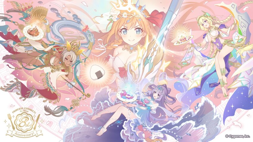 4girls, anniversary, bare_shoulders, barefoot, blonde_hair, blue_eyes, breasts, brown_hair