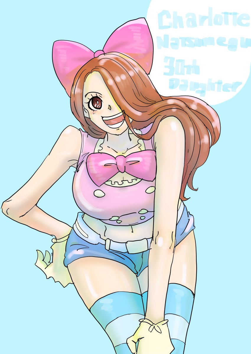 absurdres, aogiri_daikon, blue_background, bow, brown_hair, charlotte_nutmeg, commentary_request, gloves, hair_over_one_eye, highres, one_piece, open_mouth, pink_bow, shorts, smile, tank_top, thighhighs, white_gloves