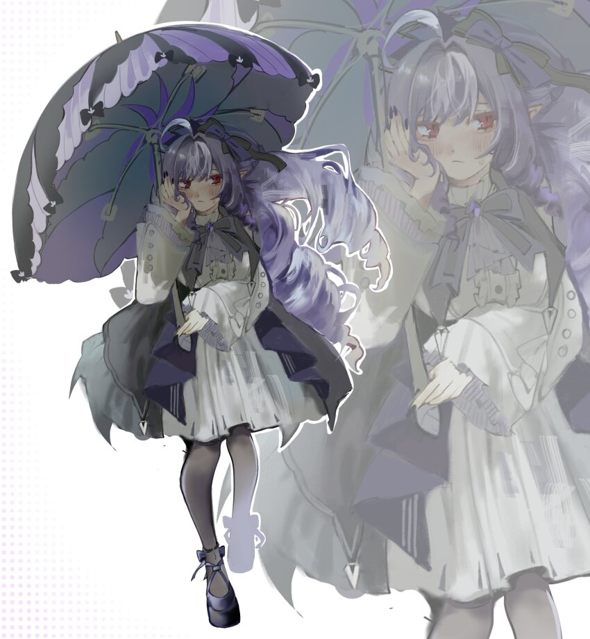 1girl, ahoge, ascot, black_pantyhose, blush, bow, bowtie, closed_mouth, dress, drill_hair, full_body, gem, hairband, hashtag-only_commentary, highres, holding, holding_umbrella, ian_(2uaiueo), long_hair, mole, mole_under_eye, pantyhose, pointy_ears, purple_ascot, purple_bow, purple_bowtie, purple_gem, purple_hair, purple_hairband, purple_shoes, purple_umbrella, red_eyes, shoes, shrug_(clothing), solo, umbrella, vivian_banshee, white_dress, white_shrug, zenless_zone_zero
