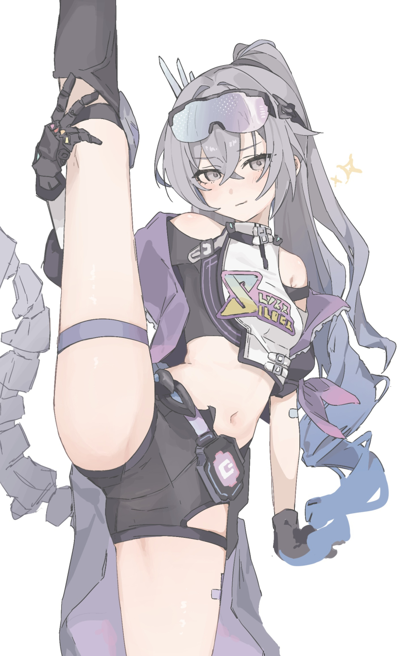 1girl, belt, black_gloves, black_shirt, black_shorts, blush, breasts, closed_mouth