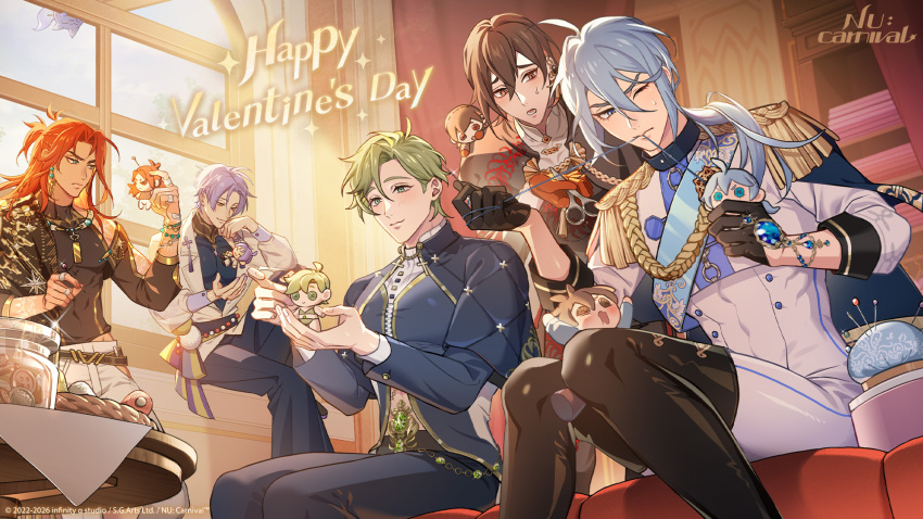 5boys, ahoge, aiguillette, arm_cutout, arm_support, asymmetrical_clothes, bandaid, bandaid_on_finger