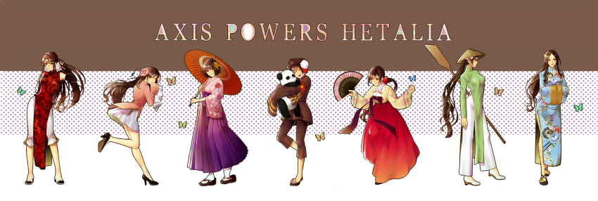 6+girls, absurdres, ahoge, ao_dai, armband, armpits, axis_powers_hetalia, bare_legs, bare_shoulders, bob_cut, bow, braid, brown_eyes, brown_hair, bug, bun_cover, butterfly, capri_pants, character_request, china_(female)_(hetalia), china_(hetalia), china_dress, chinese_clothes, closed_eyes, detached_sleeves, double_bun, dress, earrings, floral_print, flower, folding_fan, genderswap, genderswap_(mtf), geta, hair_bow, hair_bun, hair_flower, hair_ornament, hair_ribbon, hakama, hakama_skirt, hanbok, hand_fan, hat, high_heels, highres, hong_kong_(female)_(hetalia), hong_kong_(hetalia), hug, insect, japan_(female)_(hetalia), japan_(hetalia), japanese_clothes, jewelry, kimono, korea_(female)_(hetalia), korea_(hetalia), korean_clothes, legs, light_smile, lips, long_hair, long_image, long_skirt, macau_(female)_(hetalia), macau_(hetalia), meiji_schoolgirl_uniform, mida_(hakurara), military, military_uniform, multiple_girls, oar, okobo, one_eye_closed, open_mouth, panda, pants, parasol, peaked_cap, peony_print, platform_sandals, plum_blossoms, ponytail, red_flower, red_hakama, ribbon, rice_hat, sandals, shoes, short_hair, side_slit, sidelocks, skirt, sleeves_past_wrists, smile, spider_lily, standing, standing_on_one_leg, tabi, taiwan_(hetalia), umbrella, very_long_hair, vietnam_(hetalia), wide_image, wink