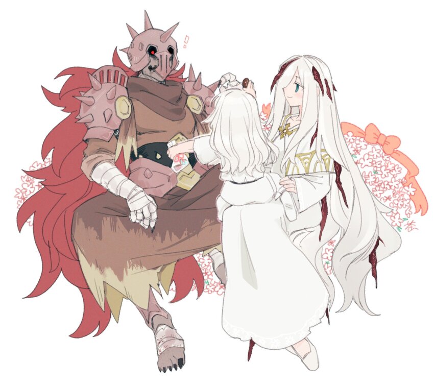 1boy, 2girls, armor, blue_eyes, chocolate, ender_lilies_quietus_of_the_knights, fretia_(ender_lilies), highres