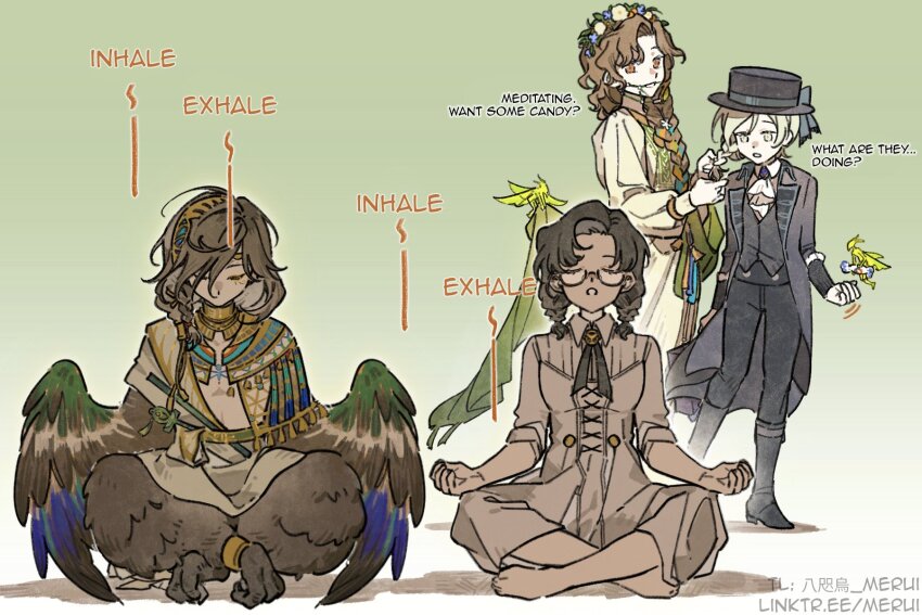 1boy, 3girls, :o, adjusting_another's_hair, alternate_hairstyle, ancient_egyptian_clothes, ankh, ascot