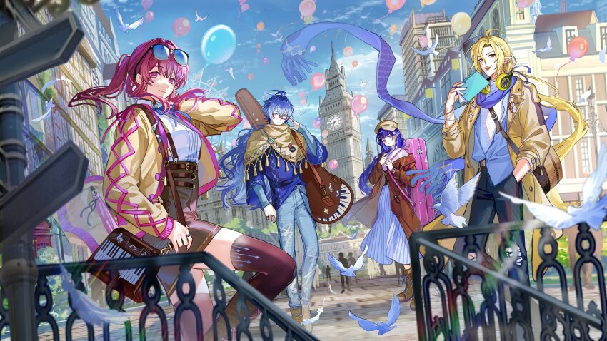 2boys, 2girls, ahoge, ankle_boots, arm_at_side, balloon, belt_collar, black_pants