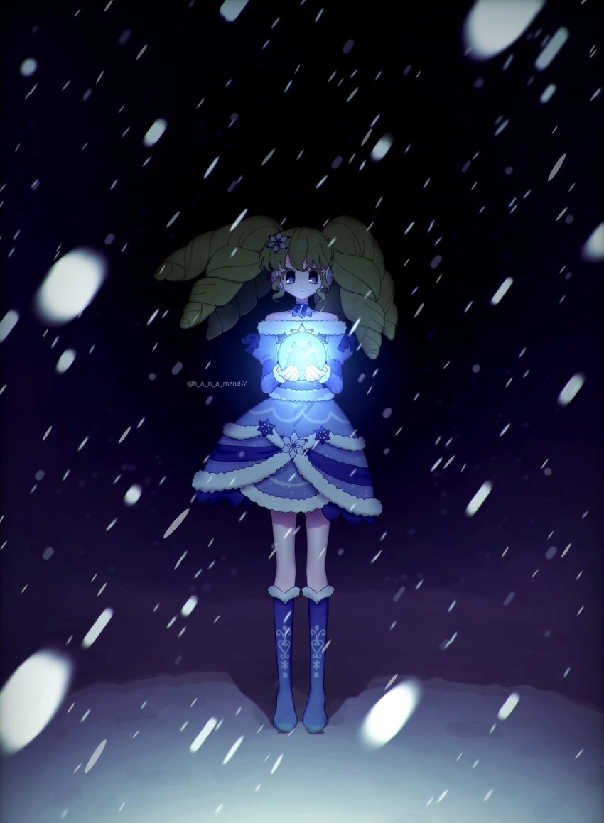 1girl, black_eyes, blue_boots, blue_bow, blue_bowtie, blue_collar, blue_dress, boots