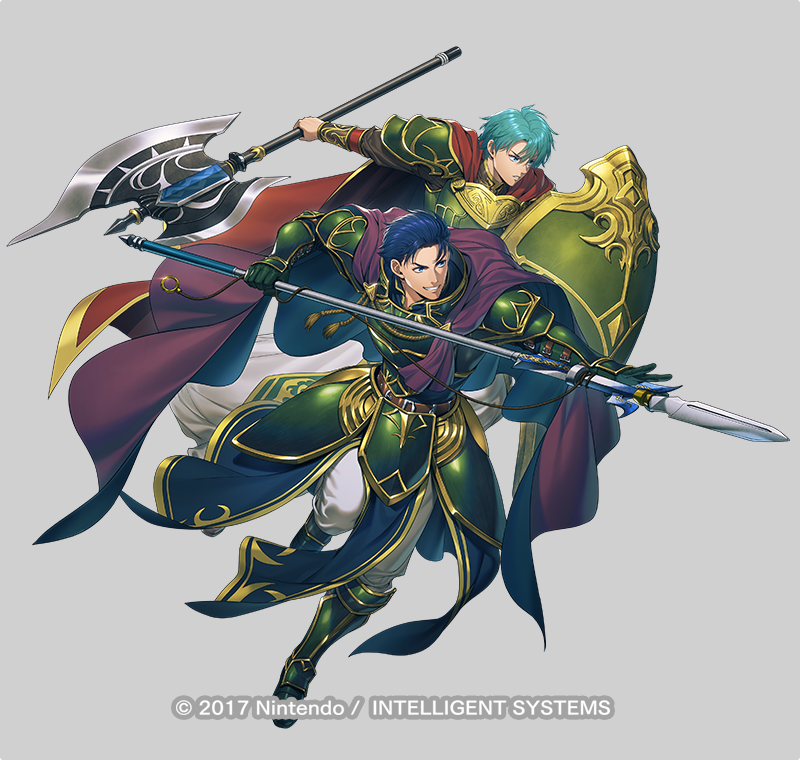 2boys, aqua_eyes, armor, axe, battle_axe, belt, blue_eyes, blue_hair
