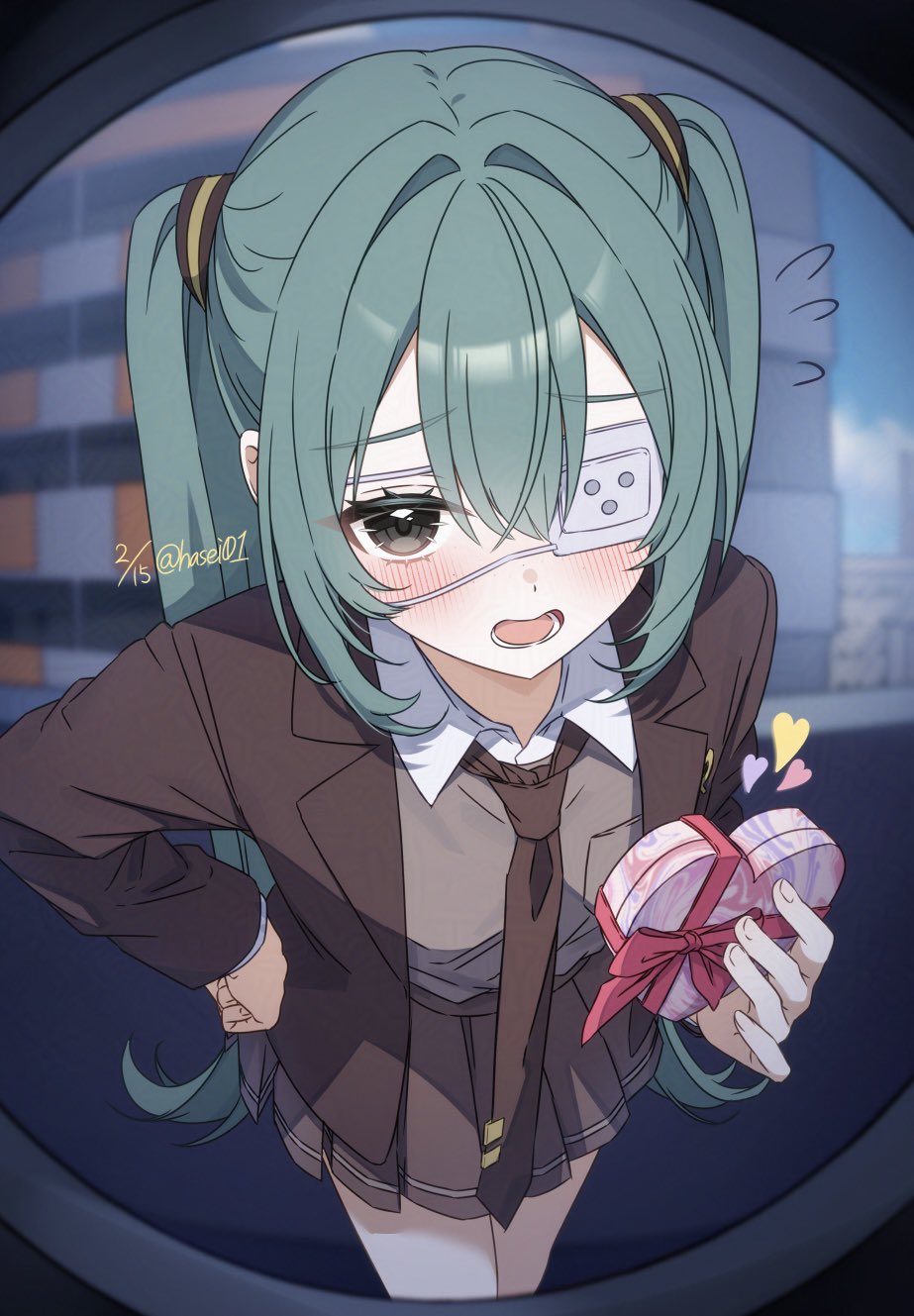 1girl, adversarial_noise, blush, box, brown_eyes, brown_jacket, brown_necktie, brown_skirt