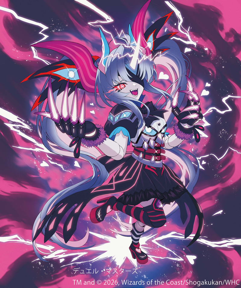 +_+, 1girl, 2026, asymmetrical_horns, asymmetrical_legwear, black_gloves, black_shoes, black_skirt