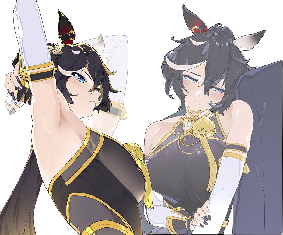 1boy, 1girl, animal_ears, arm_up, armpits, arms_behind_head, arms_up, bare_shoulders