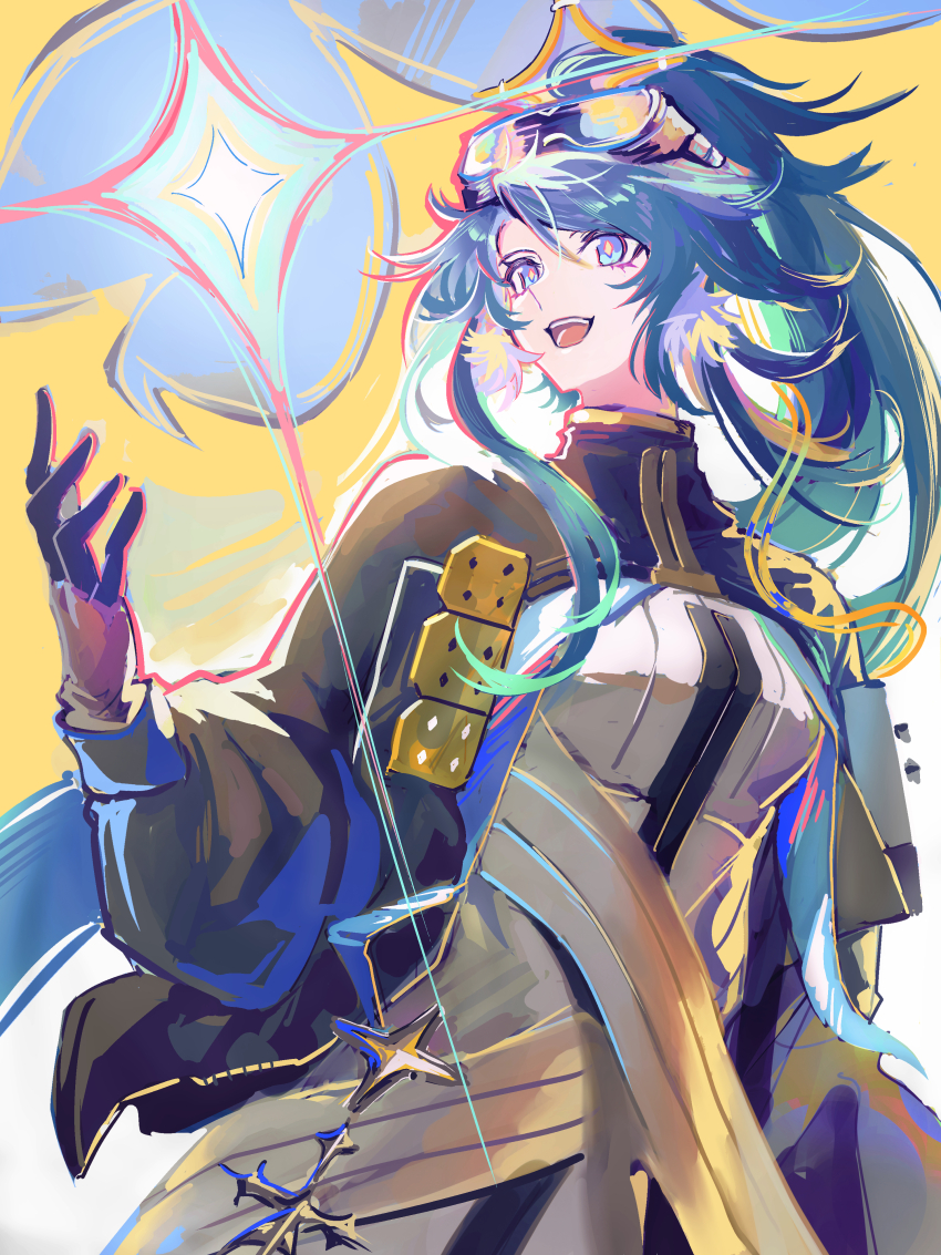 1girl, :d, absurdres, arknights, astgenne_(arknights), black_gloves, black_jacket, blue_eyes