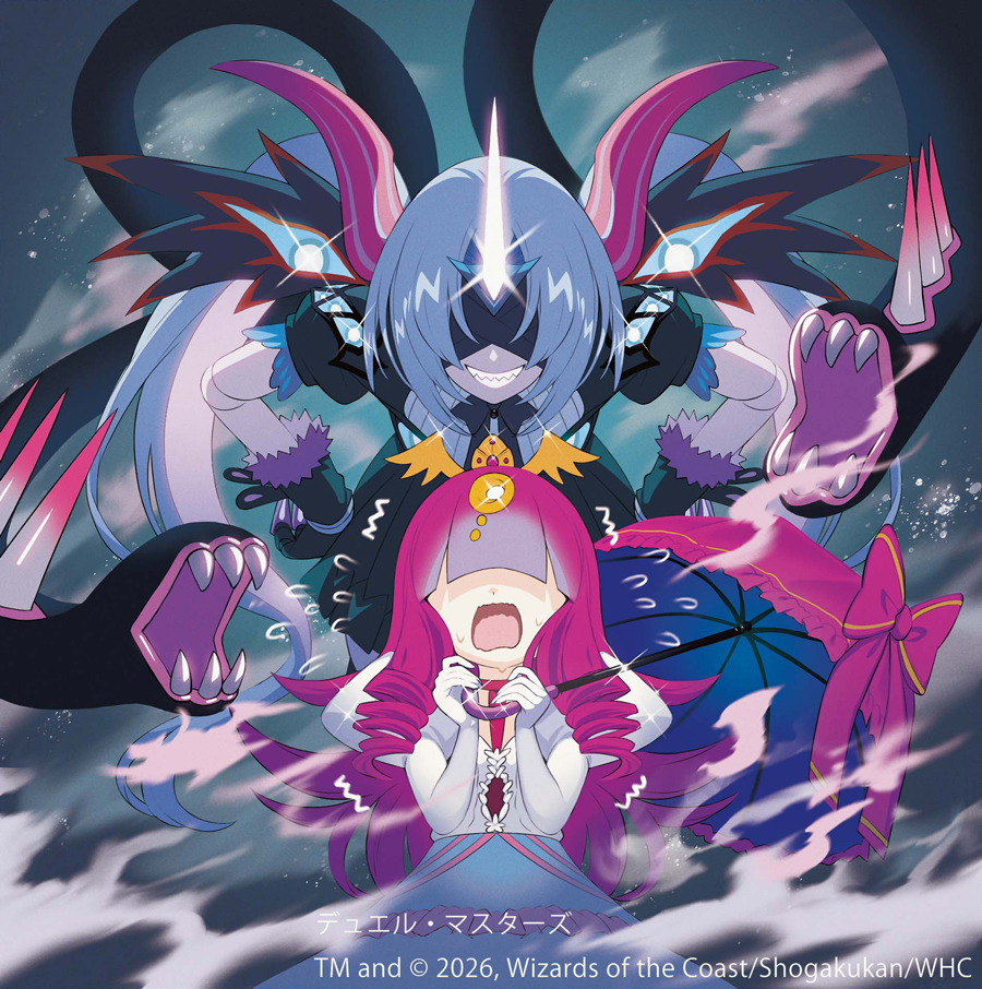 2026, 2girls, asymmetrical_horns, black_gloves, black_shirt, blindfold, clenched_teeth, commentary_request