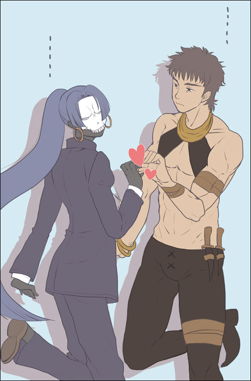 ..., 1boy, 1girl, abs, armband, assassin_(fate/zero), black_skin, blue_hair