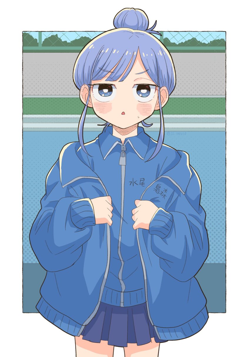 1girl, blue_eyes, blue_hair, blue_jacket, blue_skirt, blush, border, commentary_request