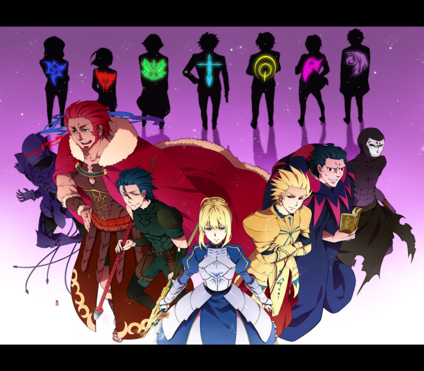 1girl, 6+boys, absurdres, armor, artoria_pendragon_(fate), assassin_(fate/zero), beard, berserker_(fate/zero), blonde_hair, book, cape, command_spell, diarmuid_ua_duibhne_(fate), diarmuid_ua_duibhne_(lancer)_(fate), emiya_kiritsugu, everyone, facial_hair, fate/stay_night, fate/zero, fate_(series), full_armor, gae_dearg_(fate), gilgamesh_(fate), gilles_de_rais_(caster)_(fate), gilles_de_rais_(fate), highres, iskandar_(fate), kayneth_archibald_el-melloi, kotomine_kirei, matou_kariya, multiple_boys, nashi_y, polearm, saber_(fate), silhouette, spear, tohsaka_tokiomi, uryuu_ryuunosuke, waver_velvet, weapon