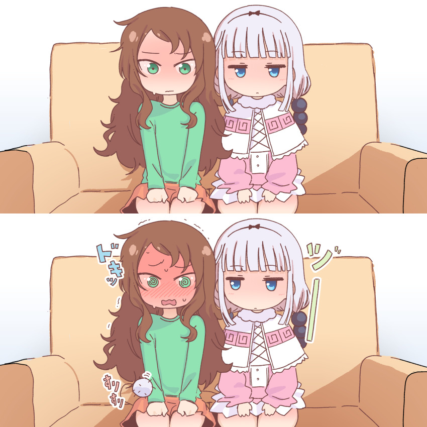2girls, @_@, black_bow, blue_eyes, blush, bow, brown_hair, capelet, comic, couch, dragon_girl, dragon_tail, dress, embarrassed, full-face_blush, fur_collar, green_eyes, green_shirt, hair_bobbles, hair_bow, hair_ornament, hairband, kanna_kamui, kobayashi-san_chi_no_maidragon, long_hair, long_sleeves, low_twintails, multiple_girls, on_couch, open_mouth, orange_skirt, orenjipiiru, pink_dress, pink_hair, saikawa_riko, shirt, sitting, skirt, sweat, tail, tail_around_waist, trembling, twintails, white_background, white_capelet, yuri