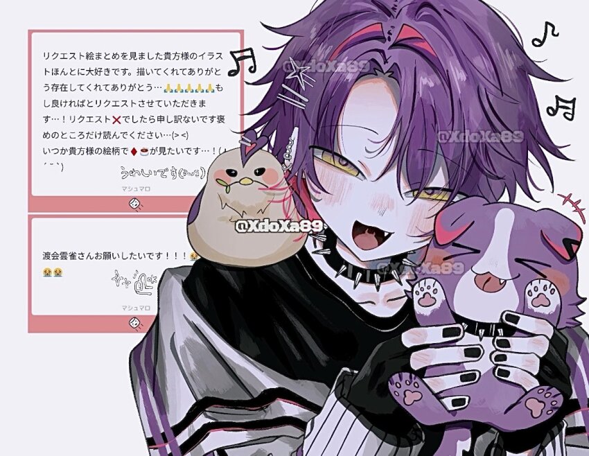alternate_costume, animal, artist_name, black_nails, black_shirt, blush, collar, commentary, dog, fang, food, hair_between_eyes, hair_intakes, hibari-san_(watarai_hibari), holding, holding_animal, holding_dog, jacket, male_focus, marshmallow, multicolored_hair, musical_note, nijisanji, open_mouth, parted_bangs, pink_hair, purple_hair, shirt, short_hair, simple_background, smile, spiked_collar, spikes, striped_clothes, striped_jacket, tongue, tongue_out, two-tone_hair, upper_body, virtual_youtuber, watarai_hibari, white_background, xdoxa89, yellow_eyes