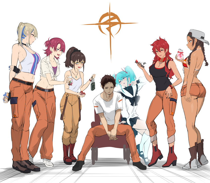 1boy, 6+girls, absurdres, agetama, backwards_hat, betchy_(gundam), blonde_hair, blue_hair