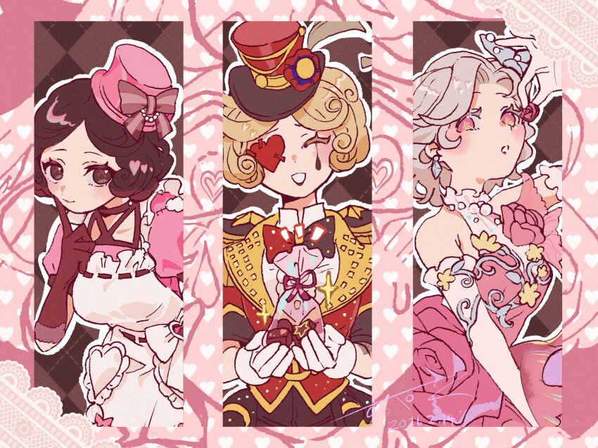 3girls, apron, arm_up, bare_shoulders, black_gloves, black_hair, blonde_hair, bow