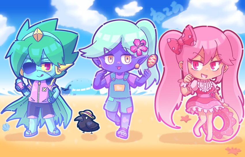 1girl, 4boys, alternate_costume, alternate_hairstyle, alternate_sleeve_length, barefoot, beach, black_shorts, blue_gloves, blue_overalls, blue_skin, blue_sky, blurry, blurry_background, blush, bow, cape, captain_spaceboy, chibi, chibi_only, closed_mouth, cloud, colored_sclera, colored_skin, commentary, corn_dog, crow_(omori), dark-skinned_female, dark_skin, donut_innertube, double-parted_bangs, dress, earrings, english_commentary, eyepatch, fingerless_gloves, flip-flops, flower, food, gloves, green_cape, green_hair, hair_between_eyes, hair_bow, hair_flower, hair_ornament, hairclip, hand_on_own_hip, highres, holding, holding_food, holding_swim_ring, humphrey_(omori), innertube, jewelry, long_hair, looking_at_viewer, mr._jawsum, multiple_boys, neko_a_0628, ocean, omori, open_mouth, outdoors, overall_shorts, overalls, pink_bow, pink_dress, pink_eyes, pink_hair, pointy_ears, ponytail, purple_shirt, purple_skin, red_eyes, rococo_(omori), sandals, shirt, short_hair, short_sleeves, shorts, sidelocks, sky, smile, sunglasses, sweetheart_(omori), swept_bangs, swim_ring, tongue, tongue_out, twintails, very_long_hair, water, yellow_eyes, yellow_sclera