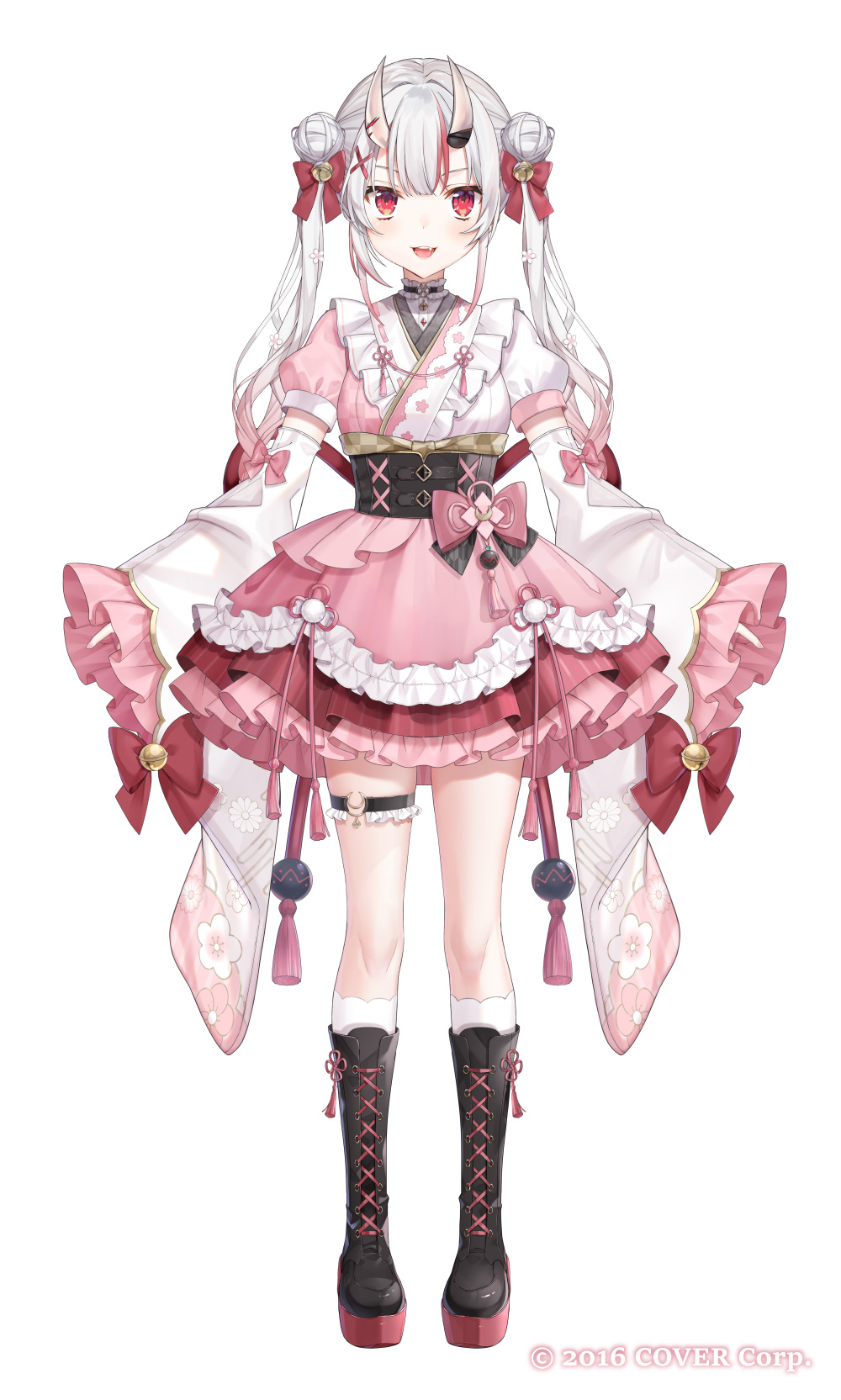 1girl, black_boots, black_corset, boots, capelet, center-flap_bangs, commentary_request, copyright_name