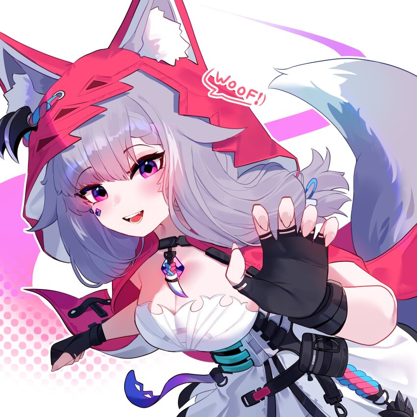 1girl, absurdres, animal_ear_fluff, animal_ears, arknights, arknights:_endfield, black_gloves, blush, breasts, cape, cleavage, clulless, commentary, cosplay, cowboy_shot, dress, ears_through_headwear, english_commentary, fingerless_gloves, gem, gloves, grey_hair, highres, hololive, hololive_english, hood, hood_up, hooded_cape, jewel_under_eye, kemonomimi_mode, koseki_bijou, large_breasts, long_hair, looking_at_viewer, open_mouth, parted_bangs, purple_eyes, purple_gem, red_cape, rossi_(arknights), rossi_(arknights)_(cosplay), smile, solo, tail, virtual_youtuber, white_dress, wolf_ears, wolf_girl, wolf_tail, woof