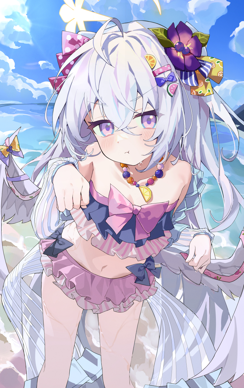 1girl, absurdres, azusa_(blue_archive), azusa_(swimsuit)_(blue_archive), bikini, blue_archive, breasts, commentary