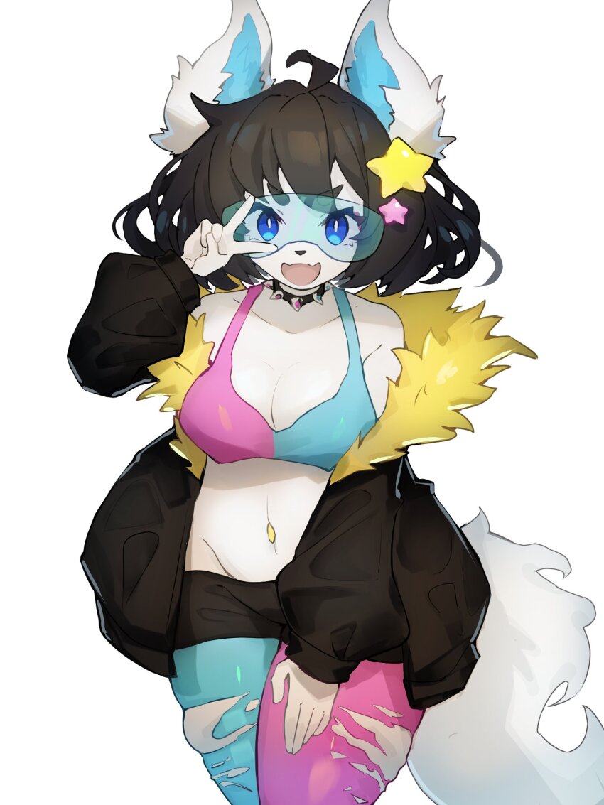 1girl, :d, ahoge, animal_ears, baburusushi, black_hair, black_jacket, black_shorts