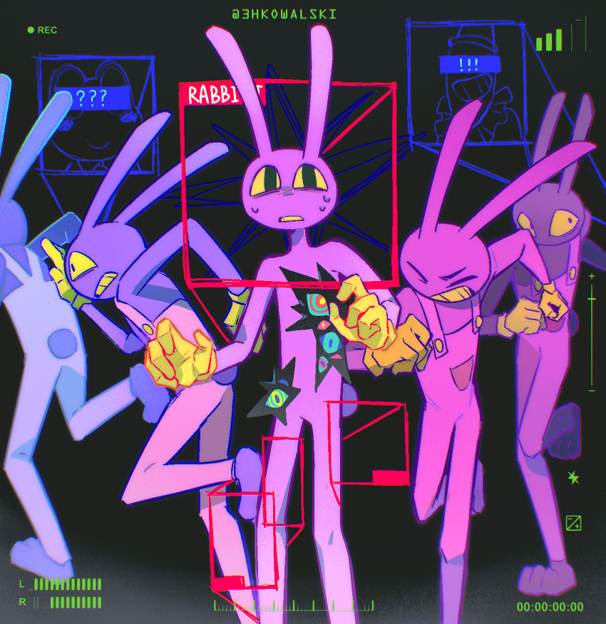 1girl, 2boys, 3hkowalski, abstraction_(the_amazing_digital_circus), ai_image_recognition, animal_ears, black_background, blue_outline